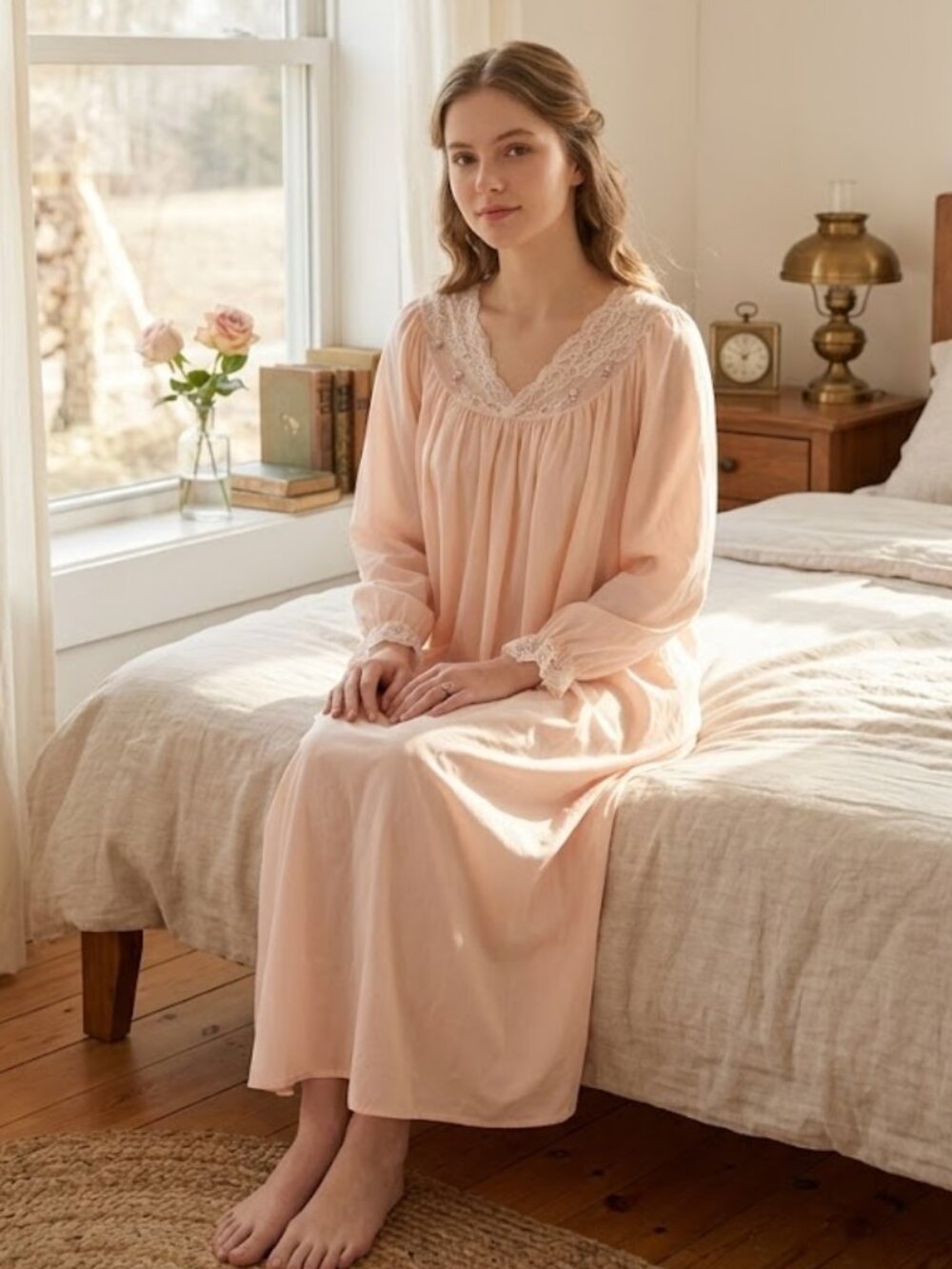 Vintage Womens Nightgown Nylon Pink Roses Lace Collar Shadowline Sz Med Coquette